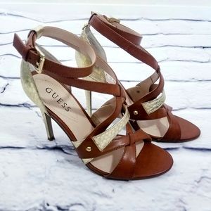 GUESS Shaday Camel Tan & Gold Strappy High heel 8